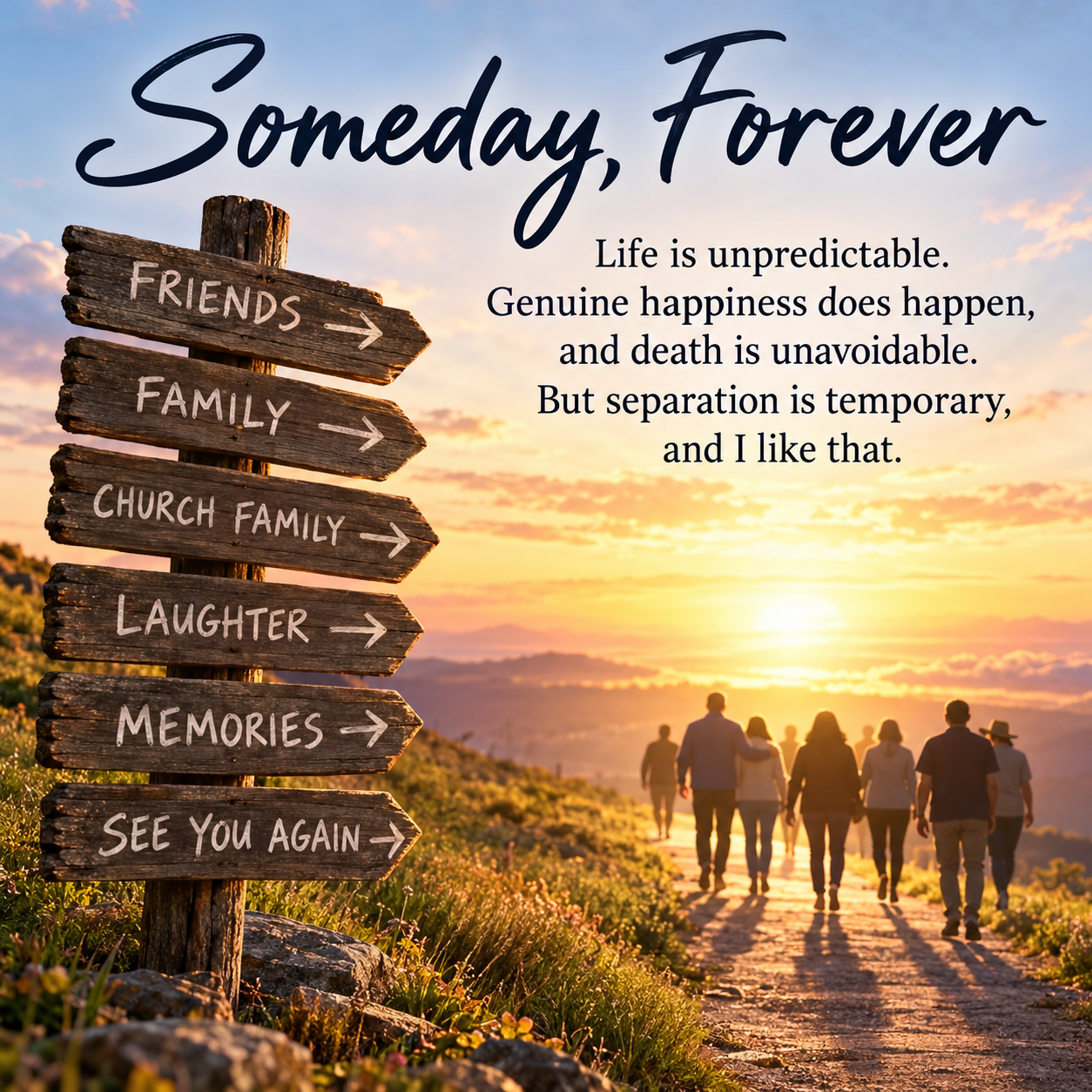 A signpost for friends, family, laughter, and memories beside a path where people walk toward a golden horizon. Someday, Forever.